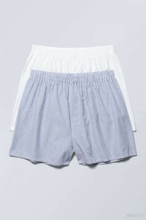 Spodenki Weekday 2-pack Bokser Shorts Białe Niebieskie | SRQU9679
