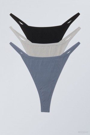 Stringi Weekday 3-pack Soul Tanga Stringi Szare Czarne Niebieskie | MYUY1932