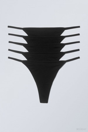 Stringi Weekday 5-pack Alex Bawełniane Tanga Stringi Czarne | GAHI9172