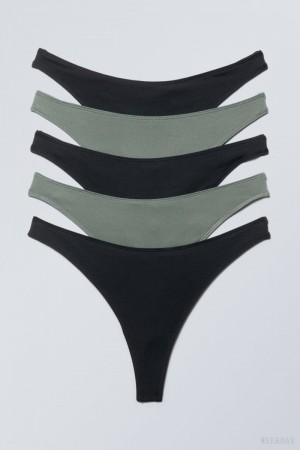 Stringi Weekday 5-pack Soul thong Czarne Khaki | VLSA7403