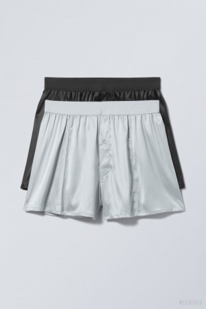 Weekday 2-pack Bokser Shorts Satin Czarne Szare | LBEB4905