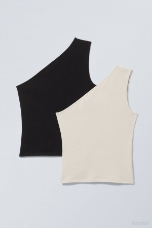 Weekday 2-pack Cindy One Shoulder Tank Top Czarne Beżowe | CLHM9537