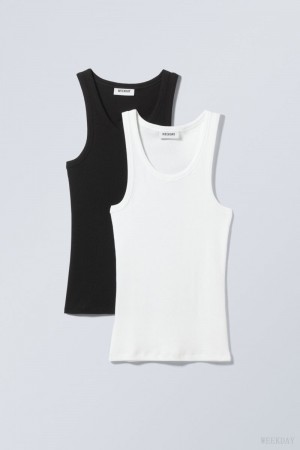 Weekday 2-pack Close Fitted Rib Tank Top Blk&Wht | VUBZ0988