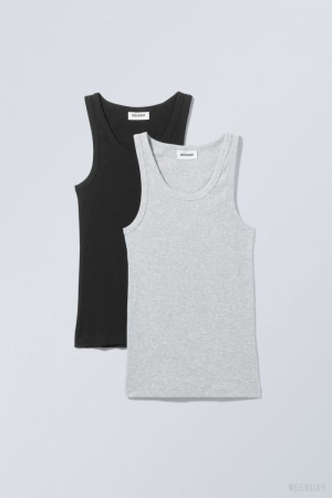 Weekday 2-pack Close Fitted Rib Tank Top Czarne Szare | BJLF2933