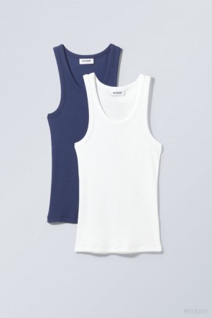 Weekday 2-pack Close Fitted Rib Tank Top Niebieskie Białe | HWPJ4217
