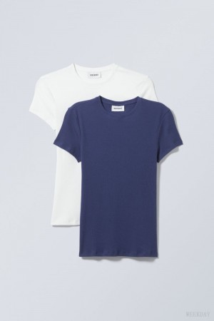 Weekday 2-pack Close Fitted Rib T-shirt Białe Niebieskie | WREZ9902