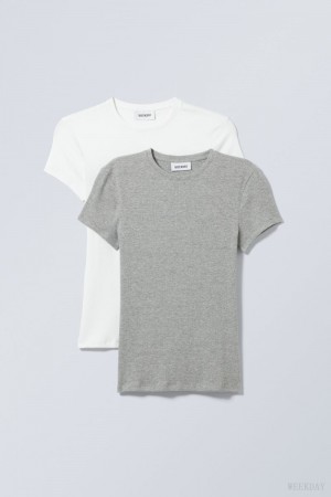 Weekday 2-pack Close Fitted Rib T-shirt Białe Szare | QRUJ6399