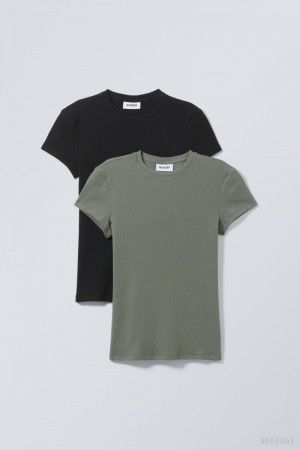 Weekday 2-pack Close Fitted Rib T-shirt Czarne Khaki | KDPN5472