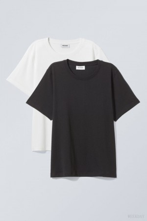 Weekday 2-pack Essence Standard T-Shirt Czarne Białe | ISGJ5594