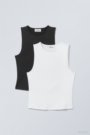 Weekday 2-pack Fine Tank Top Czarne Białe | AAXK4135