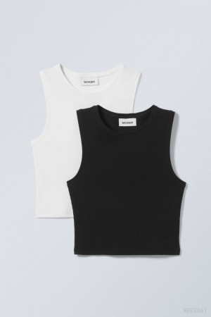 Weekday 2-pack Pure Crop Tank Top Czarne Białe | YBDA5655