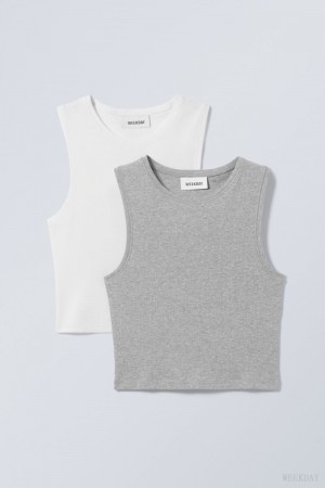 Weekday 2-pack Pure Crop Tank Top Szare Białe | VNJU8557