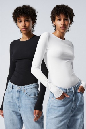 Weekday 2-pack Slim Fitted Long Sleeves Czarne Białe | KYXA9443