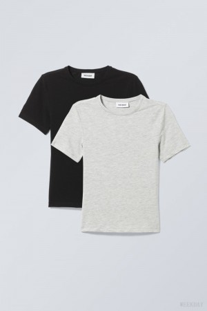 Weekday 2-pack Slim Fitted T-shirt Czarne | HTOL6901