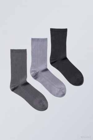 Weekday 3-pack Lova Shiny Socks Ciemny Szare Głęboka Szare Czarne | PGVQ3452