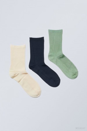 Weekday 3-pack Lova Shiny Socks Kremowe Granatowe Zielone | WVJD5350