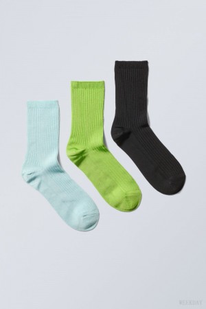 Weekday 3-pack Lova Shiny Socks Niebieskie Zielone Czarne | OLRV3993