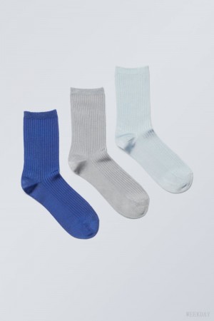 Weekday 3-pack Lova Shiny Socks Niebieskie Szare | ZVAJ6550