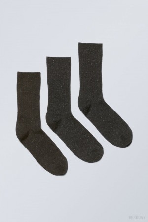 Weekday 3-pack Rib Neps Socks Czarne | RTLW8973