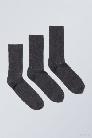 Weekday 3-pack Rib Neps Socks Czarne | VEPZ0971
