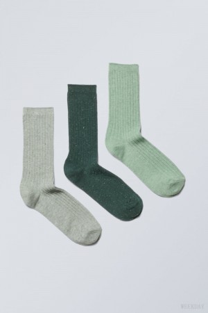 Weekday 3-pack Rib Neps Socks Zielone | PMQR8369