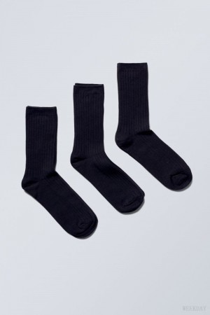 Weekday 3-pack Rib Socks Czarne | UFJU4483