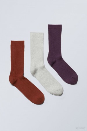 Weekday 3-pack Rib Socks Pomarańczowe Beżowe Fioletowe | NPAX2352