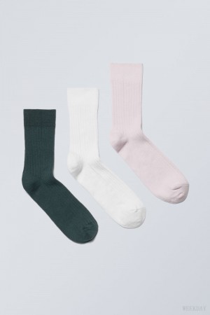 Weekday 3-pack Selma Socks Niebieskie Białe Różowe | MZDF9886