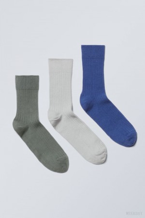 Weekday 3-pack Selma Socks Niebieskie Szare Zielone | ANUC9906