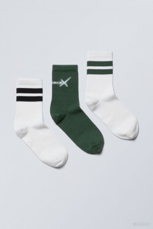 Weekday 3-pack Sportowe Grafiką Socks Zielone Czarne | HQLM5216
