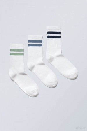Weekday 3-pack Sportowe W Paski Socks Czarne Niebieskie Zielone | TJUA5025