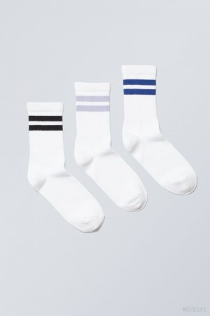 Weekday 3-pack Sportowe W Paski Socks Czarne Fioletowe Niebieskie | WGBK2999
