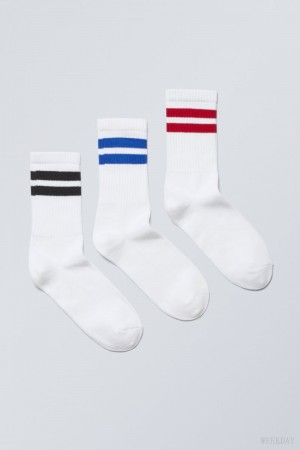 Weekday 3-pack Sportowe W Paski Socks Niebieskie Czarne Czerwone | SYXP6962