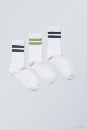 Weekday 3-pack Sportowe W Paski Socks Zielone | DXUV2585