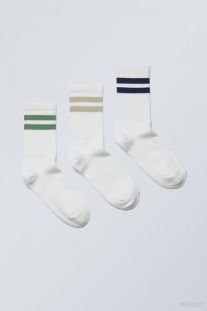 Weekday 3-pack Sportowe W Paski Socks Zielone Khaki Czarne | IRZS5888