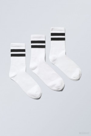Weekday 3-pack W Paski Sportowe Socks Białe Czarne | XSEL3688