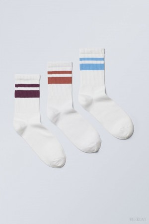 Weekday 3-pack W Paski Sportowe Socks Fioletowe Pomarańczowe Niebieskie | FWBD5210