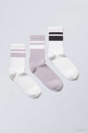 Weekday 3-pack W Paski Sportowe Socks Fioletowe Czarne | DQMK8273