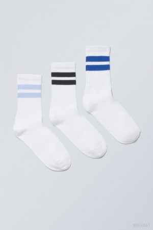 Weekday 3-pack W Paski Sportowe Socks Głęboka Niebieskie | HVVH2638
