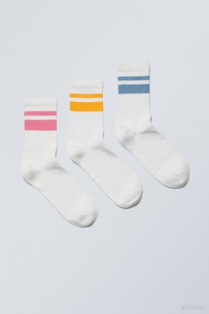 Weekday 3-pack W Paski Sportowe Socks Różowe Żółte Niebieskie | BJIF0756