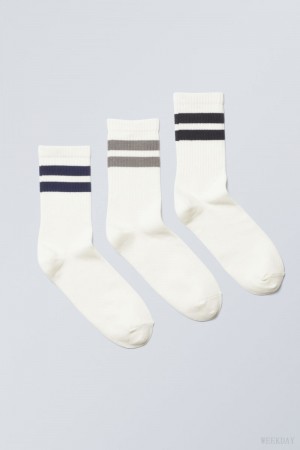 Weekday 3-pack W Paski Sportowe Socks Szare Granatowe Czarne | QPMU9794