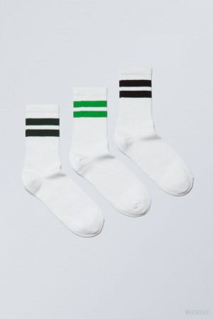 Weekday 3-pack W Paski Sportowe Socks Zielone Czarne | MDDV1499