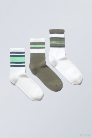 Weekday 3-pack W Paski Sportowe Socks Zielone | KEFS9791