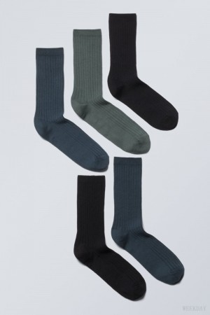 Weekday 5-pack Rib Socks Ciemny Szare Niebieskie Zielone | UVXI1784
