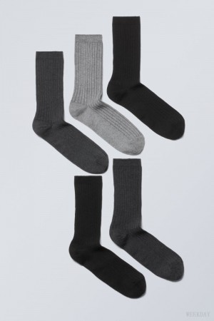 Weekday 5-pack Rib Socks Czarne Szare | RWZL8149