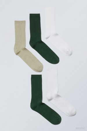 Weekday 5-pack Rib Socks Zielone | OFOD7704