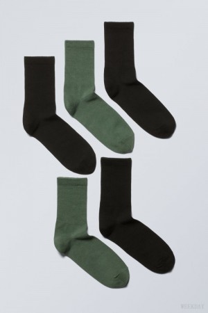 Weekday 5-pack Sportowe Socks Czarne Zielone | KPQK4100