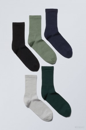 Weekday 5-pack Sportowe Socks Zielone Czarne Szare Granatowe | KKNB8559
