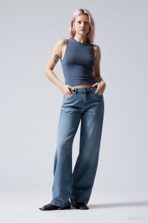 Weekday Ample Low Loose Jeans Niebieskie | BACN9231
