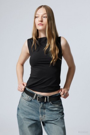 Weekday Annie Boatneck Bez Rękawów top Czarne | YXIL1501